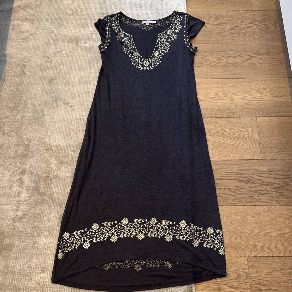 Calypso St. Barth Black Dress with Gold Embroidery
